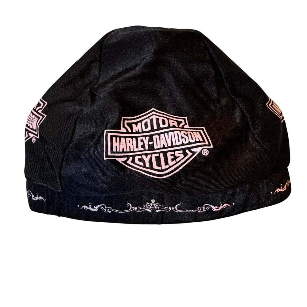 Harley-Davidson black do-rag vibrant pink Bar & Shield logo intricate scrollwork